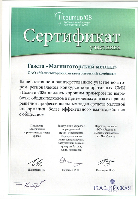 Сертификат Участника Позитив 2008